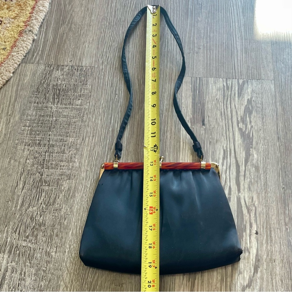 Vintage 60s Ande Black Satin Evening Bag + Tortoise Shell Style Clasp Purse - Picture 14 of 16